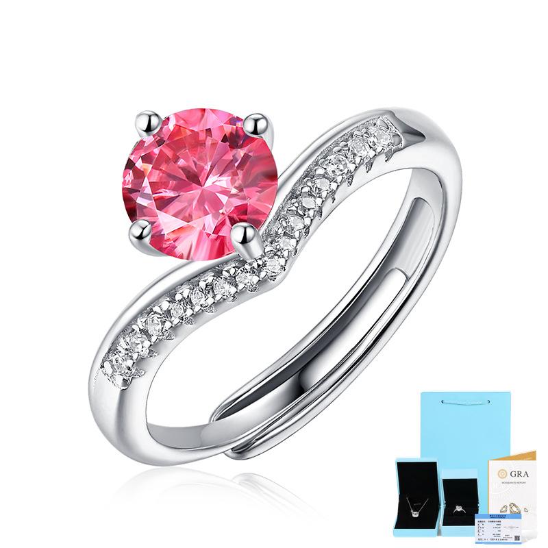 Bague Ringen S925 Silver Set 1ct Moissanite Luxury Round Bag Color Women's Six-prong Pink Adjustable Opening Ring