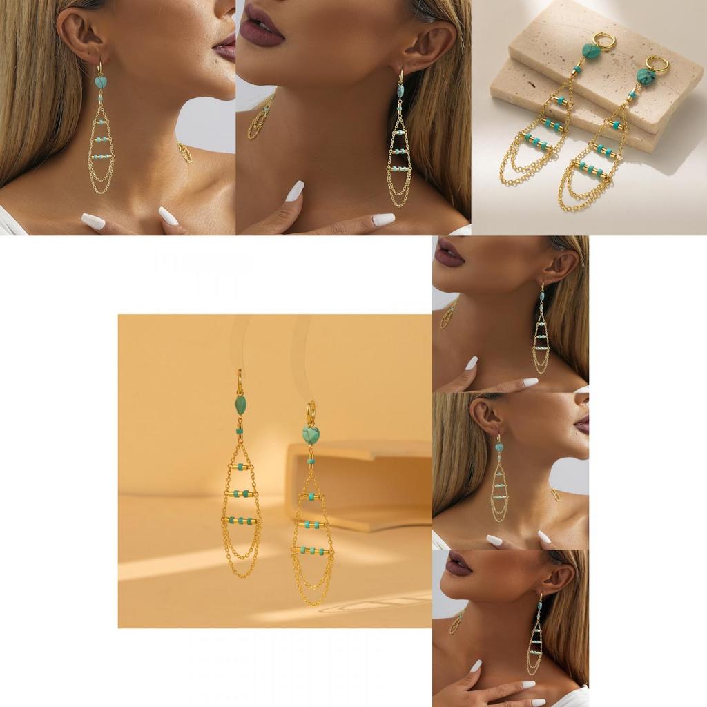 Gold Plated Natural Stone Earrings With Trendy Fringe And Chain Elements