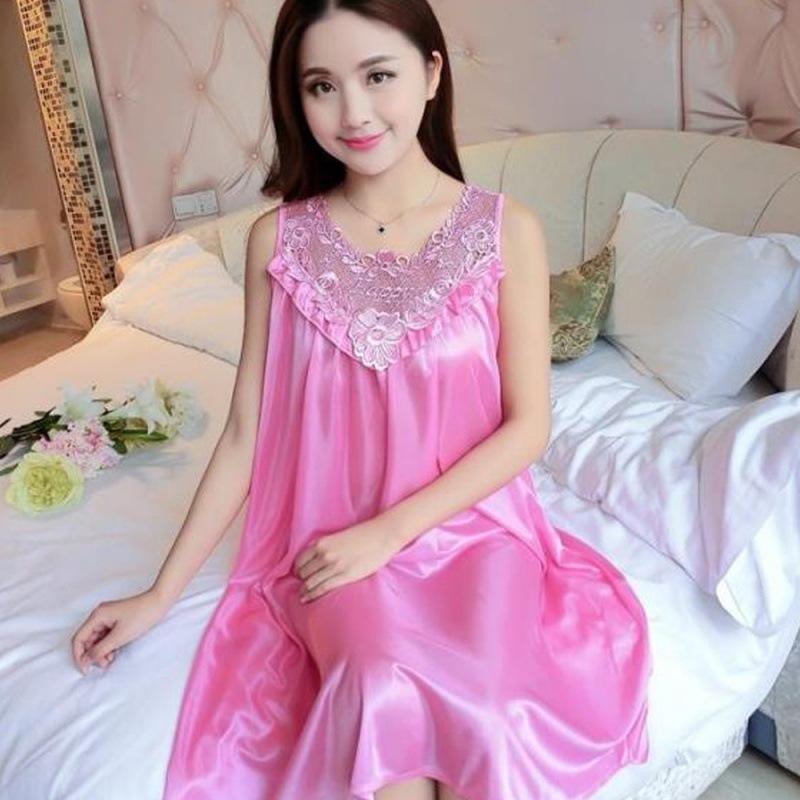 Summer Imitation Silk Nightgowns Women Sexy Sleepwear Nightwear Female Spaghetti Strap Underwear Lace Breathable Homewear