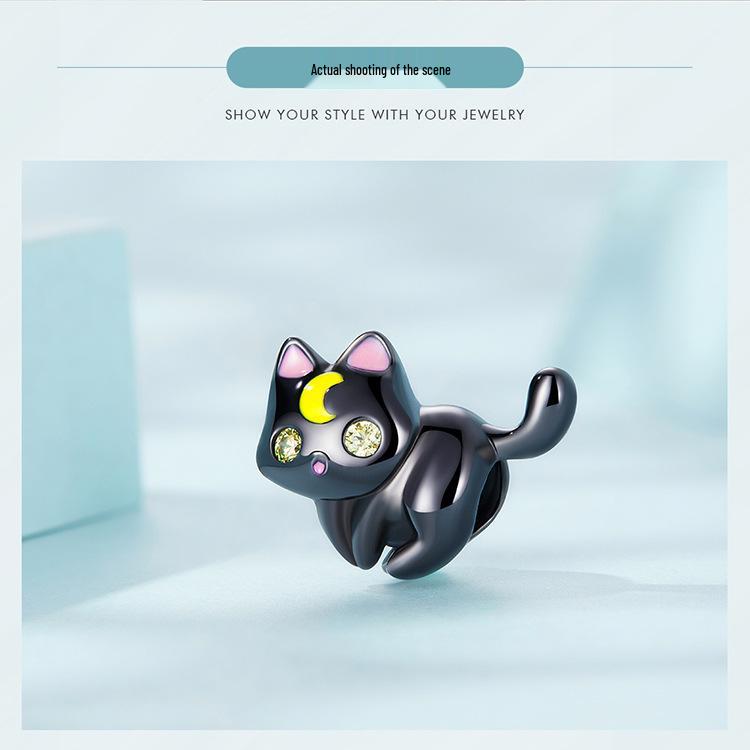 Sterling Silver S925 Moon Cat Beaded Bracelet with Black Gold Plated Zircon Halloween Beads