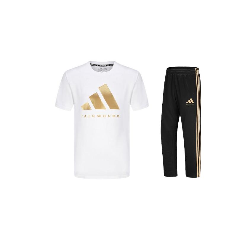Adidas Taekwondo Round Neck Pullover Simple Short Sleeve T-Shirt Comfortable Striped Fashion Long Pants Casual Sports Suit ADICLTS24TKP-WG+TR30PT-BG