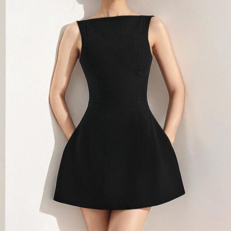 

Новый стиль женское однотонное платье без рукавов с круглым вырезом, приталенное, с темпераментом 3XL чёрный