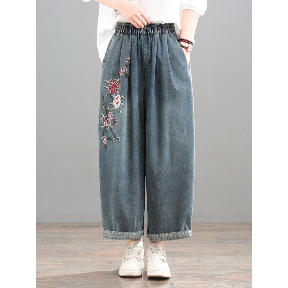 Dimanaf 2025 Sommer Damen Jeans Lässig Bestickte Blumen Haremshosen Hohe Taille Elastische Grundlegende Lose Haremshosen