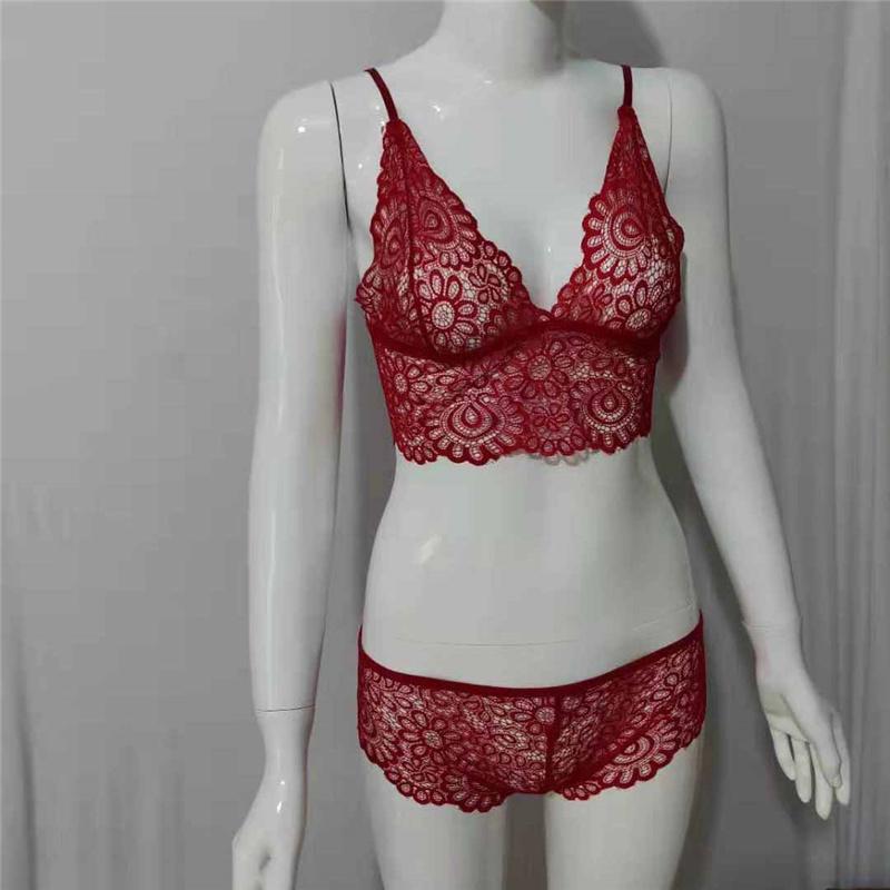 Conjunto de Sujetador de Encaje con Escote en V Profundo de Verano y Braguita - Lencería Sexy Bralette Ropa Interior para Mujer