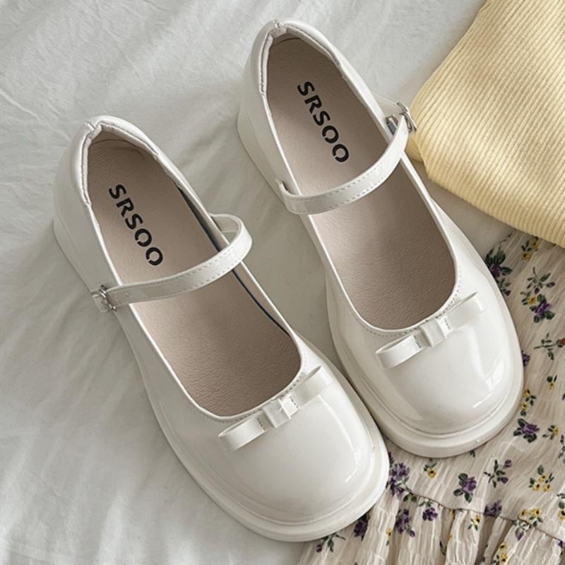 Fashion Mary Jane 2025 French High-heels New Bow Leather Shoes Round Toe British Style Women's Shoes Fashion Comfortable Buckle Pumps