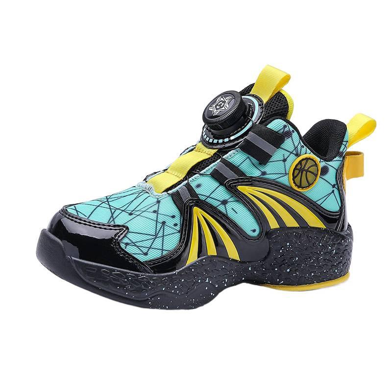 Breathable mesh children's basketball shoes 2025 spring and summer new classmates rotating button children's sneakers non-slip sneakers