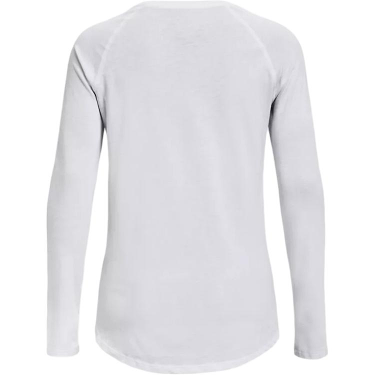 Under Armour Script Wordmark Solid Logo Print Crew Neck Long Sleeve T-Shirt Women Tops White 1374188-100