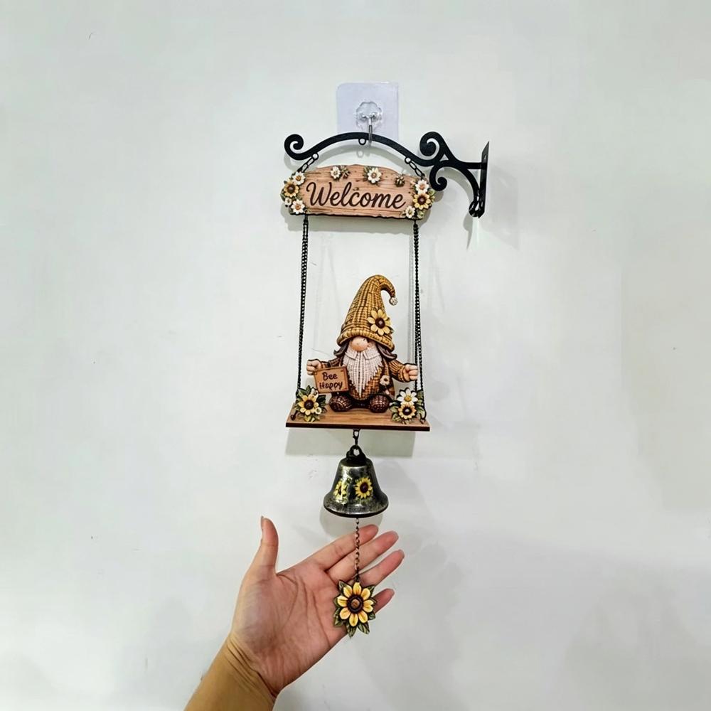 Rustic Garden Gnome Bell Vintage Welcome Wind Chime Swing Dwarf Figurine Door Hanging Sign Outdoor Patio Wall Decor Novelty Gift