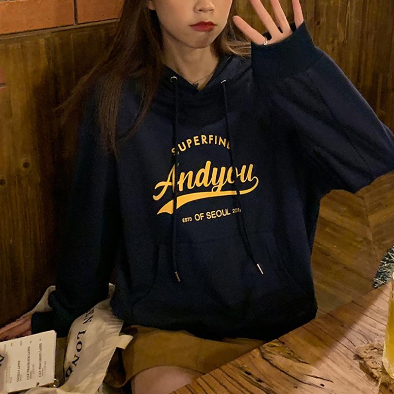Padded Even The Cap Sweater Hooded Sweatshirt Female Autumn and Winter Loose Letter Printed Student Jacket Long Sleeve Top Retro Versatile Sweatshirt