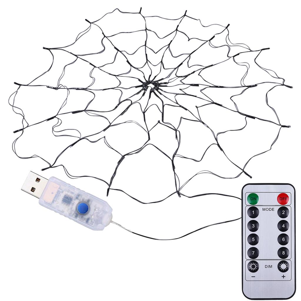 Halloween Spider Web Lights 3.28FT Waterproof Net Lights 70 LED 8 Modes Remote Control USB/Battery Operated Purple String Light