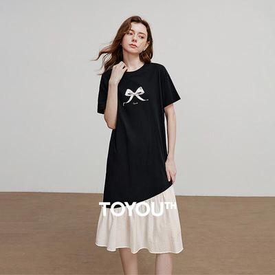 Chuyu Colorblock Bow Print T-shirt Dress