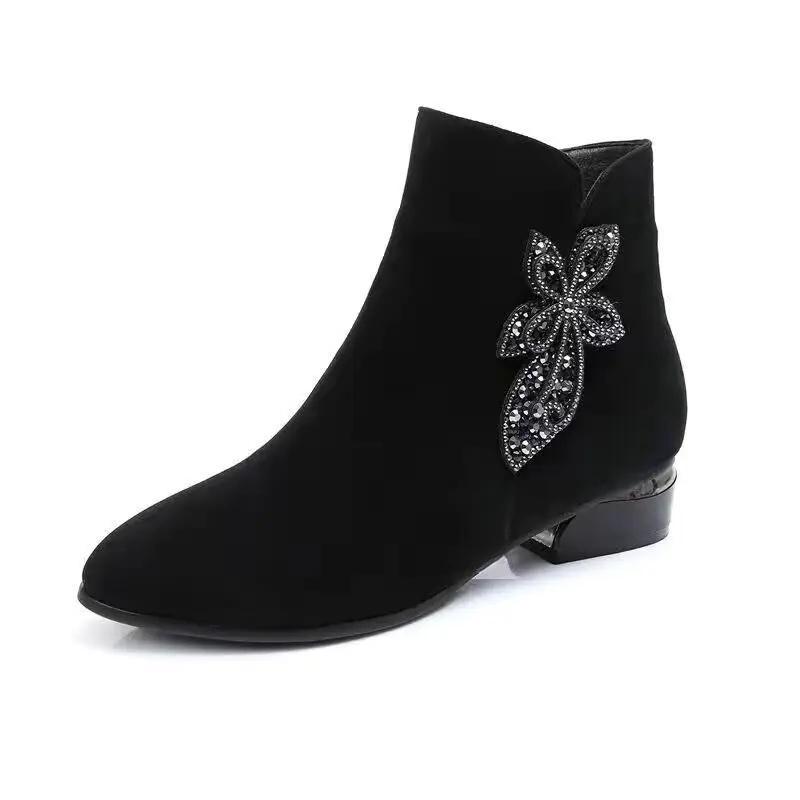 Fashion Autumn/Winter New Women's Short Boots Fleece-Lined Low Heel Frosted Leather Fashionable Versatile Mom Short Tube Boots