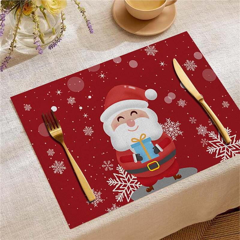 Nordic Christmas Santa Elk Linen Placemat Square, Festive Restaurant Table Decoration
