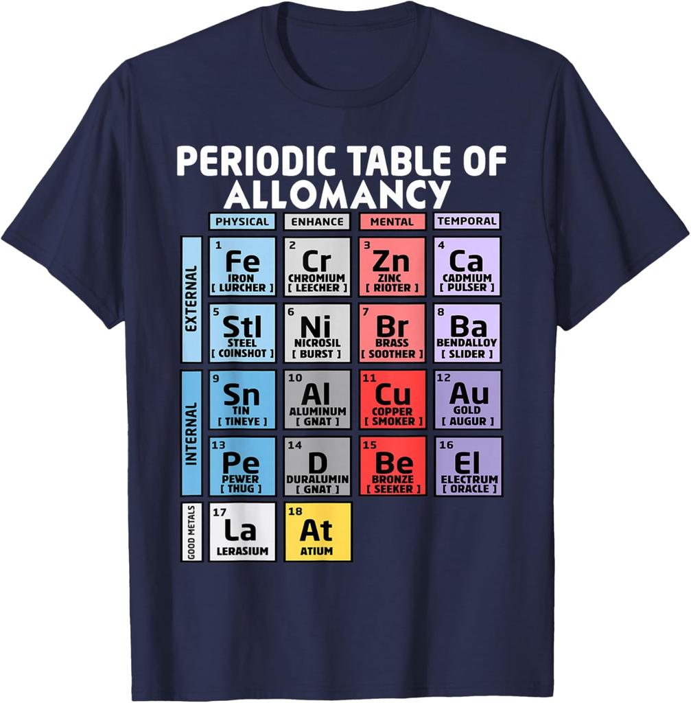 Periodic Table of Allomancy Metal Powers Graphic T-Shirt Casual Short Sleeve Cotton Crewneck Tee