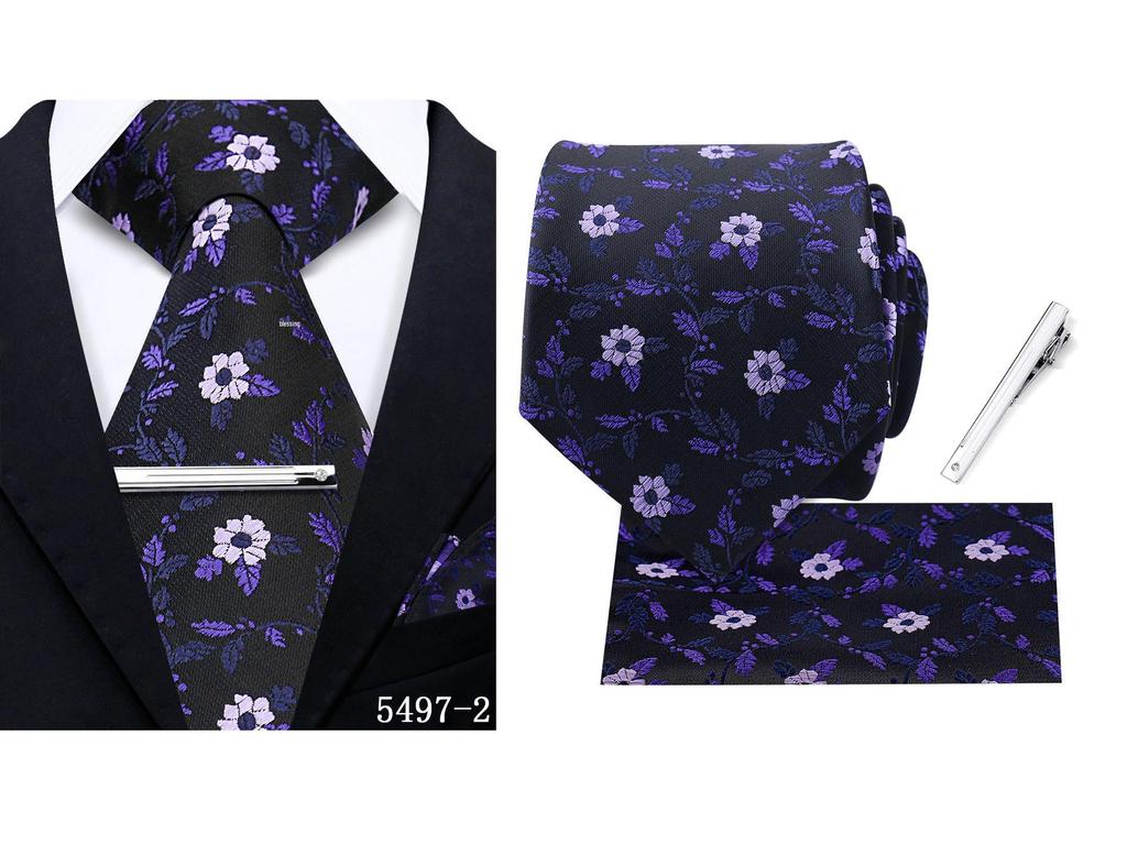 Men's Retro Floral Tie, Pocket Square & Tie Clip Set for Weddings