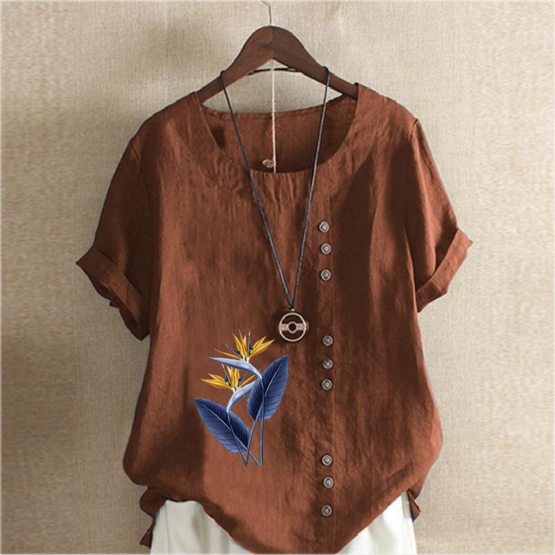 Women's Fashion Plant Leaves Prined Round Neck Short Sleeve T-shirt Casual Cotton Linen Graphic Shirt Leisure Loose Summer Blouse Tops