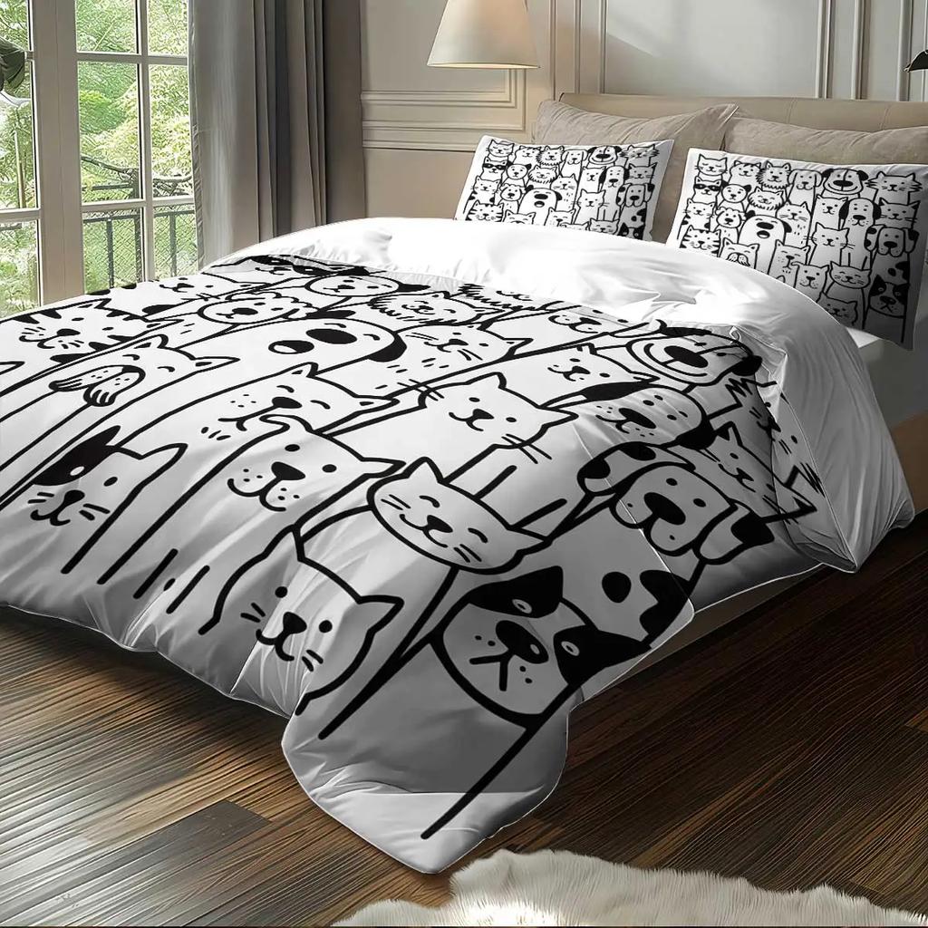 3-teiliges 3D Katzen Bettwäsche Set King Size, Cartoon Schwarz-Weiß Katze und Hund Musterdruck Bettbezug Set für Schlafzimmerdeko
