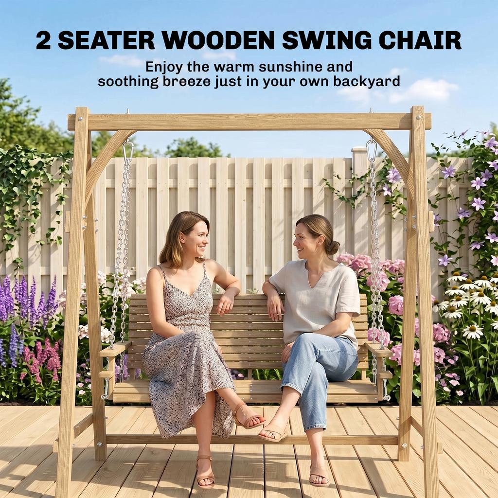 2 Seater Garden Swing Seat, Wooden Swing Chair Bench with Cup Holders for Outdoor Porch Patio, Natural