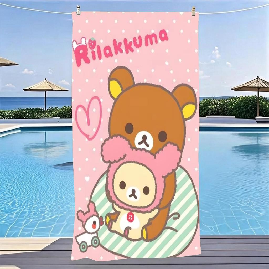 R-Rilakkuma Cute Brown Bear Pink Polka Dot Heart Beach Towel Microfiber Quick Dry Kawaii Bath Towel For Pool Beach Travel Girls