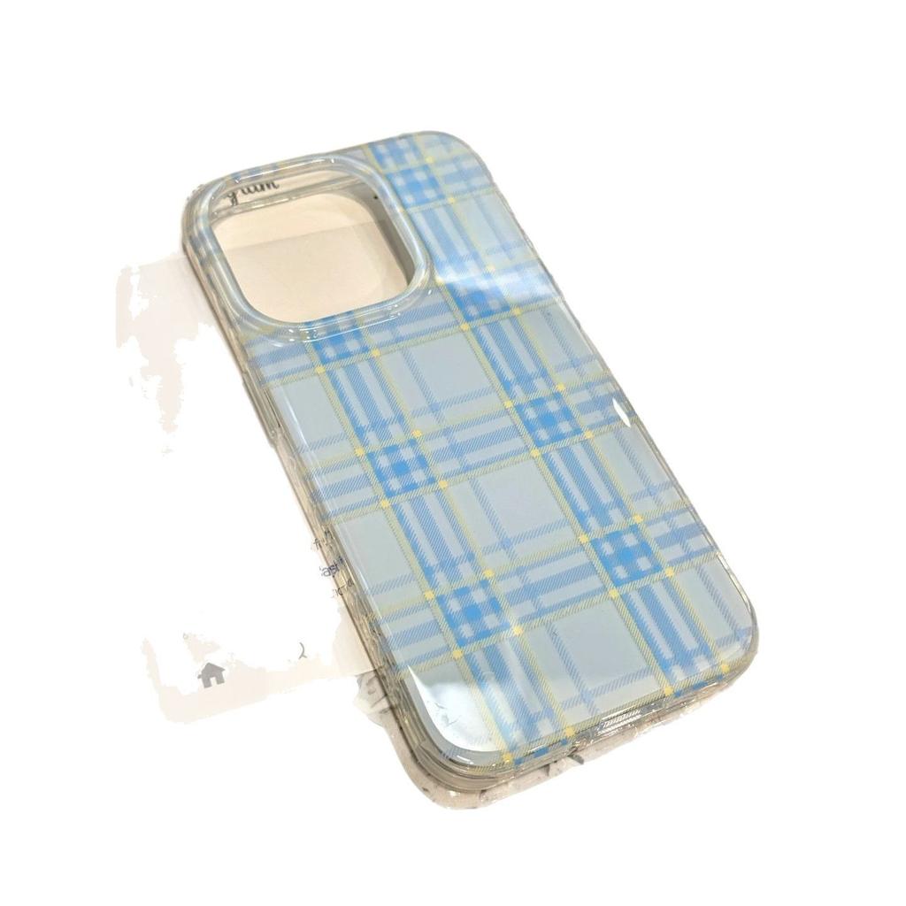 ins blue and yellow plaid iPhone16promax mobile phone case for girls, Apple 15promax white background imd case