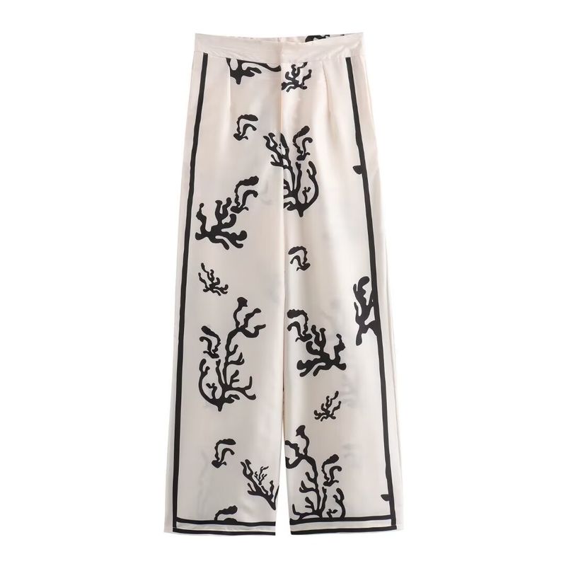 Kaslead New Arrival Women's Clothing Fashion Style Fashion Positioning Satin Print Shirt Casual Pants Suit