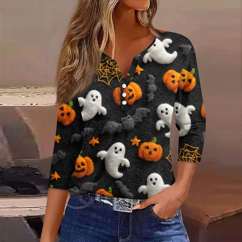Women's T Shirt Tee Print Button  3/4 SleeveDaily Weekend Fashion Basic V- Neck Regular Top