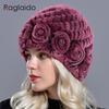 Raglaido Rabbit Fur Hats for Women Winter Floral Real Fur Hat Women's Beanies Elastic Warm Fashion Ladies Snow Hat LQ11204