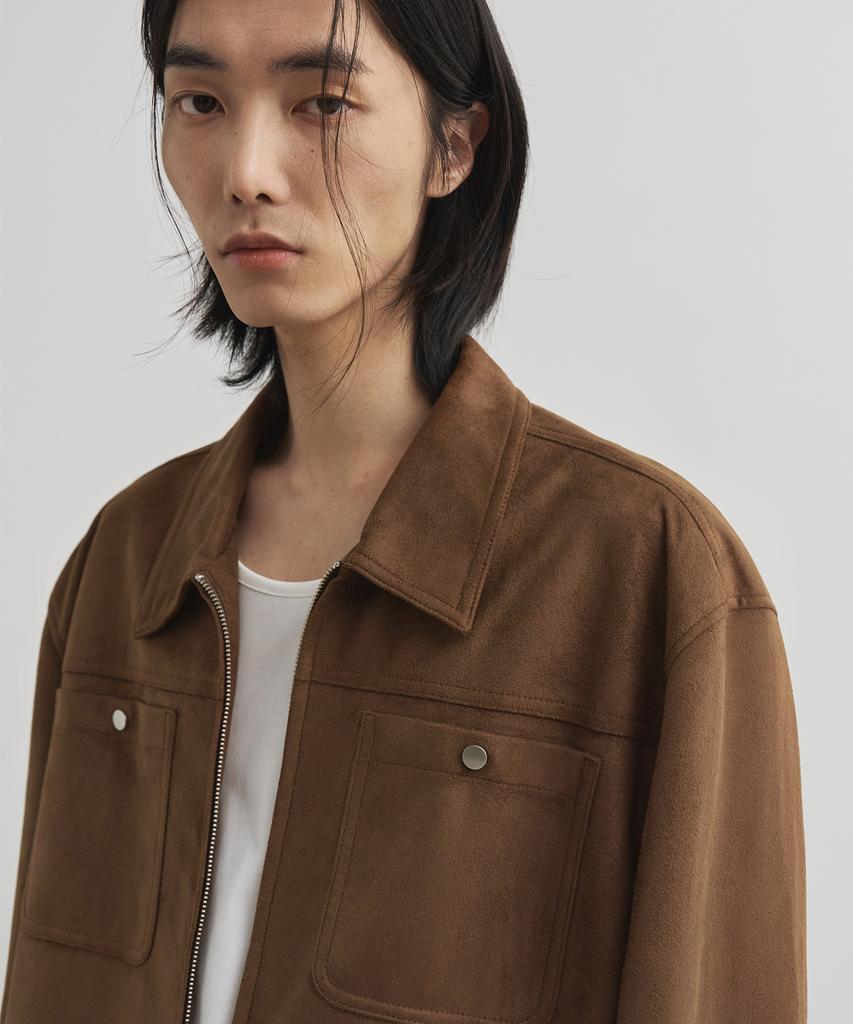 Draw Fit Suede Panel Trucker Zip-Up Jacket [Brown]