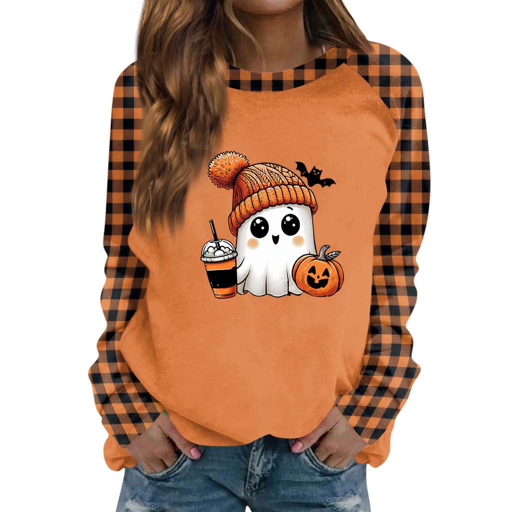 Women's Casual Long Sleeve Top with Halloween Print Round Neck Blouse for Party and Daily Wear