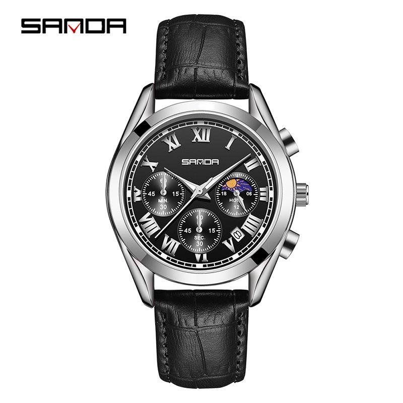 SANDA Men's Luminous Quartz Watch with Moon Phase, Calendar, and Leather Strap - Waterproof Business Casual Design.