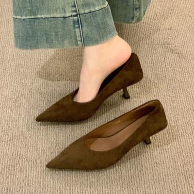Thin Heel Pointed Suede Single Shoes Women's Shoes 2025 New Autumn French Temperament Light Mouth Black High Heel Commuter Shoes