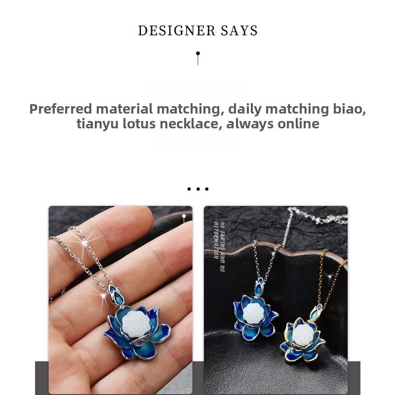 Meier Cloisonné lotus pendant, lotus necklace, enamel jade pendant, retro titanium steel clavicle chain