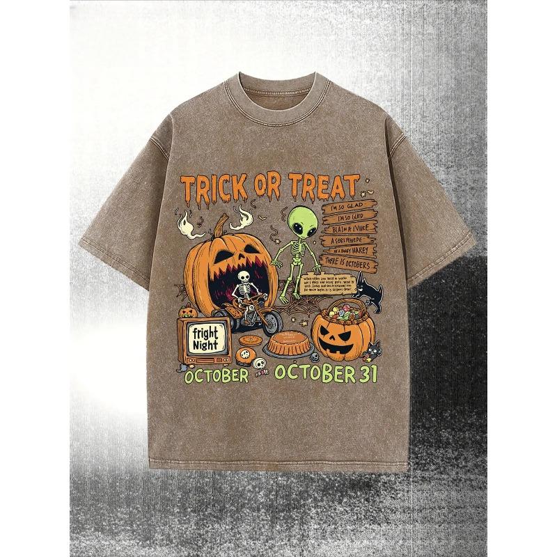 European Size Men'S Heavyweight Vintage Washed Halloween T-Shirt - Alien, & Horror Graphic Print with Trick Treat Lettering, Jack-O-Lanterns
