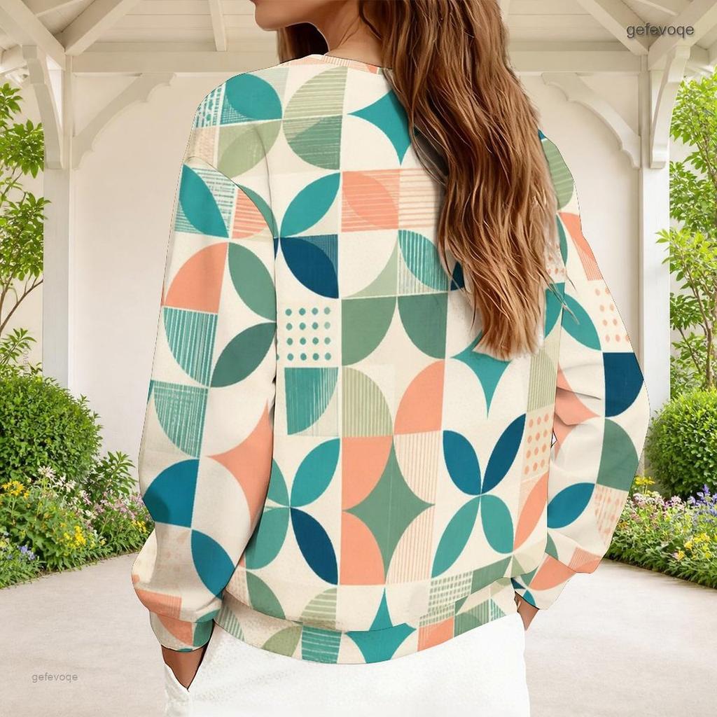 Women Plus Size Abstract Printed V Neck Front Zip Long Sleeve Sweatshirt With Ribbed Cuffs