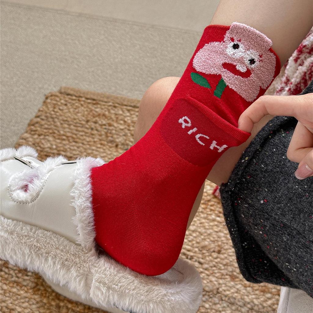 Women's Christmas Red Cartoon Mid-Calf Socks for Autumn and Winter