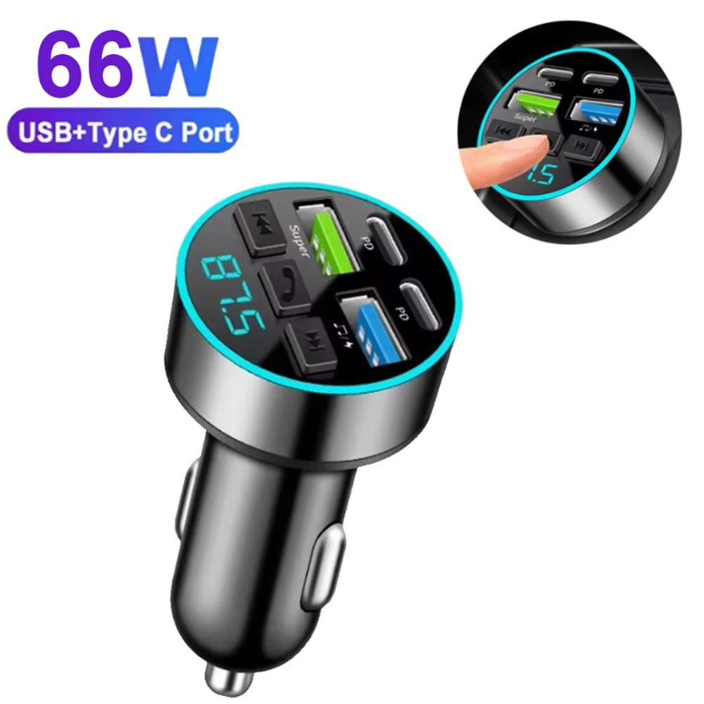 Bluetooth Car Kit Multifunctional Dual USB PD Car Charger Fast Charging MP3 Player with Voltage Display Atmosphere Lamp Adapters