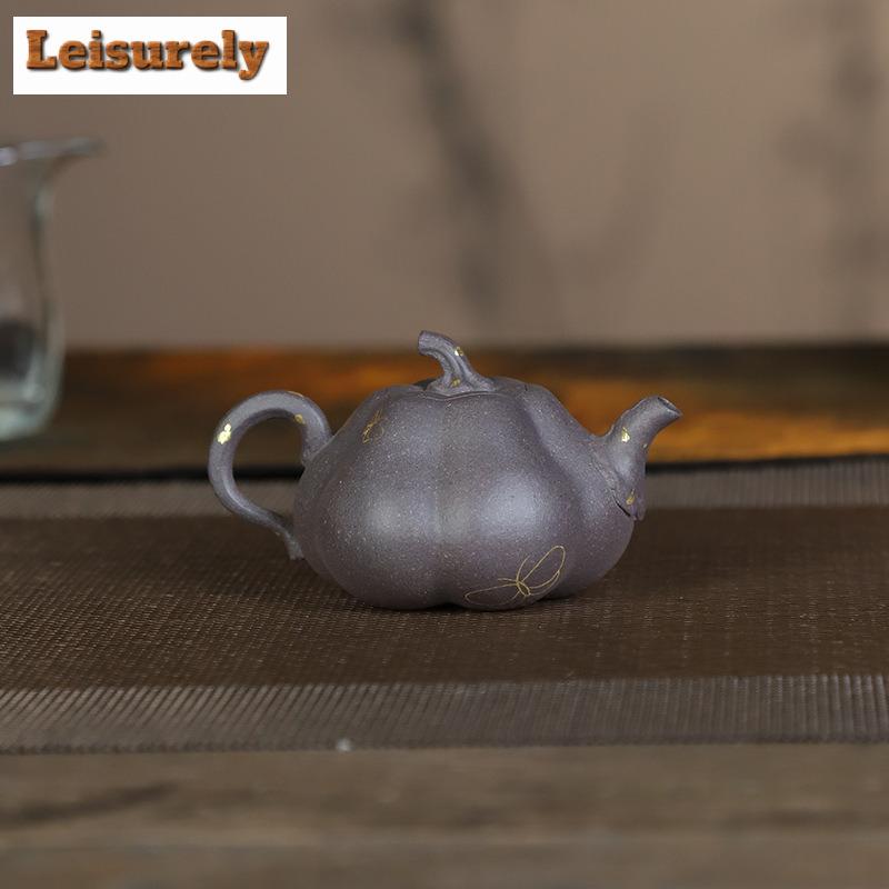 80ml Yixing Purple Clay Teapots Handmade Gold Tracing Pumpkin Pot Raw Ore Cyan Section Mud Kettle With Infuser Zisha Teaset Gift