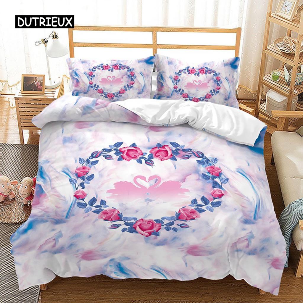 Pink Valentine's Day Love Heart Name Bedding Sets Single Double Size Fashion Flower Rose Duvet Cover for Bedroom Decorations