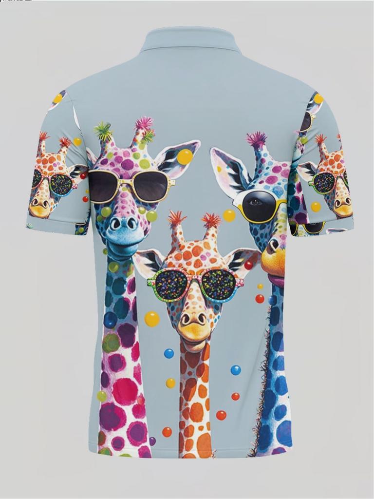 Printed Design (Not Textured) - 2026 Summer New Arrival Men's Plus Size Polo Shirt with Colorful Giraffe Print, Short Sleeve Casual Summer Golf