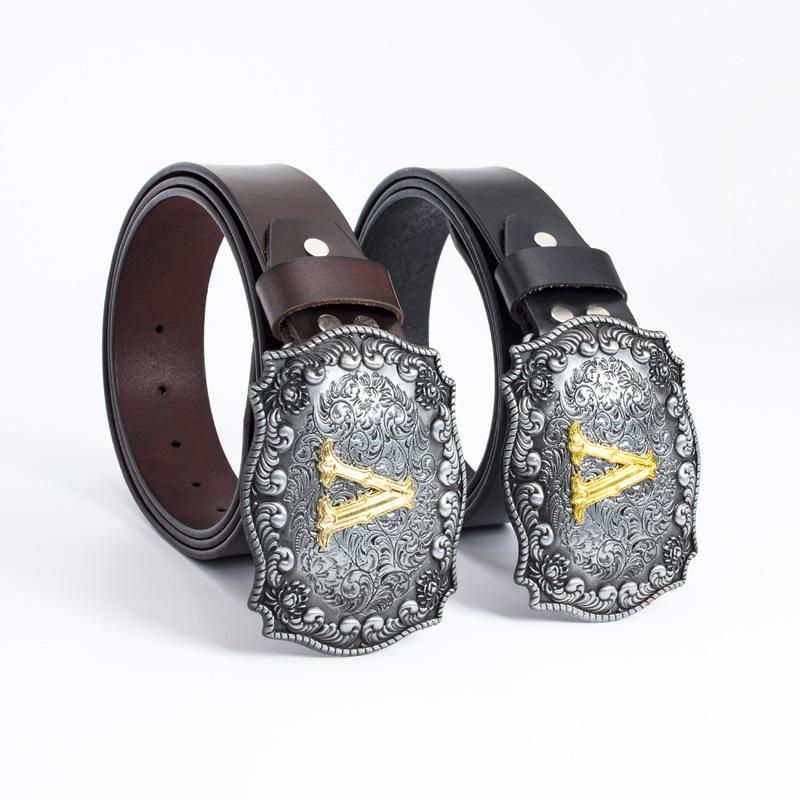 Western Cowboy Zinc Alloy Buckle Cowhide Patterned Elastic Belt for Men - Retro Knight Style