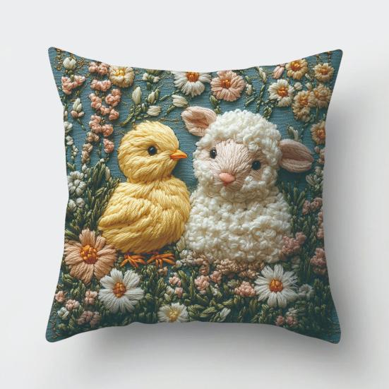 Easter Bunny Pillowcase Imitation Embroidery Lamb And Chick Print Pillowcase Farmhouse Throw Pillow Cover for Parties Living Room Couch Sofa Decor