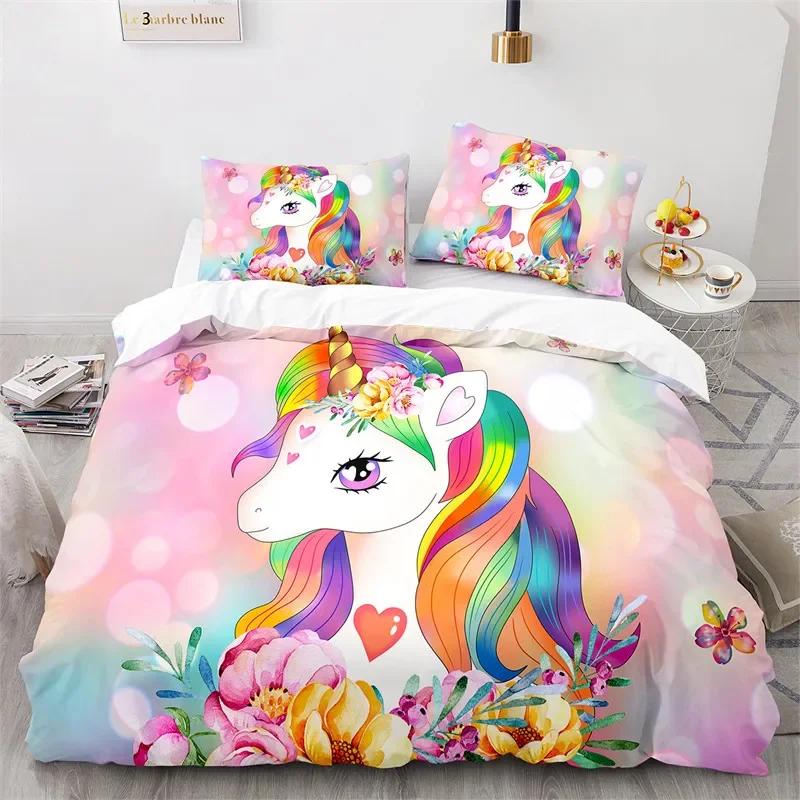 Cartoon Unicorn Floral Rainbow Girl's Eyelash Comfortable Duvet Quilt Cover Pillowcase Bedding Set Children Bedroom Home Textile