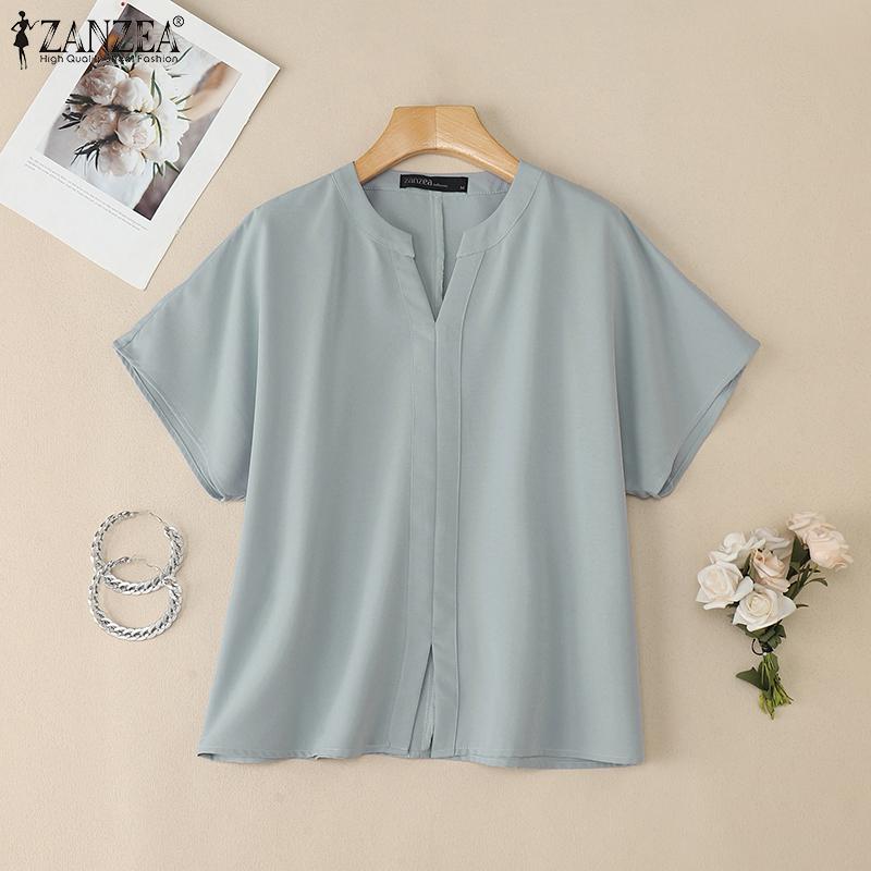 ZANZEA Women Casual V-Neck Loose Summer Short Sleeve Blouse