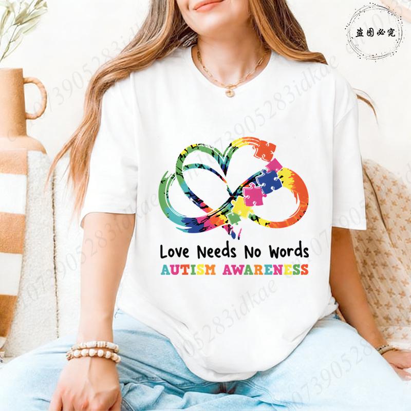 Autism Awareness Women Top Love Needs No Words Puzzle Graphic Tshirts O Neck Short Sleeve Summer Oversized FeUnisex Clothes