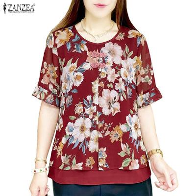 Women Casual Round Neck Short Sleeve Floral Print Blouse