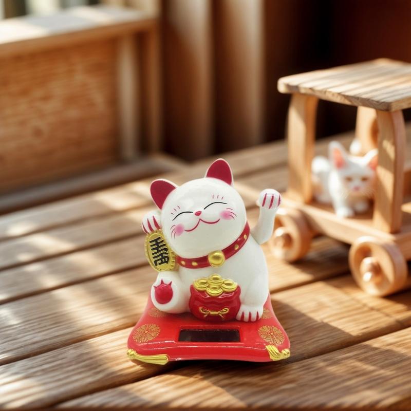 Lucky Fortune Cats Solar Energy Activated Moving Arm Vehicle Desktop Ornament Wealth Symbol Home Decoration