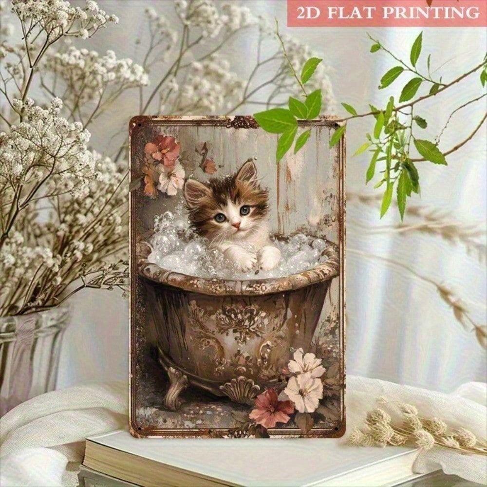 Vintage Metal Poster Kitten Foam Flowers Wall Art Home Decor Gift