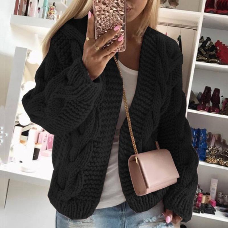 2026 New Autumn Winter Women's Cable Knit Cardigan, Hat Style Collar Chunky Wool Pullover, Open Front Sweater for Casual Wear
