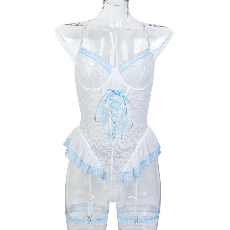 

Sexy Private Clothing Contrasting Blue Side Flower Lace Pettiskirt Slimming Lace up Waist Trimming Spaghetti Straps Jumpsuit Two-piece Set White S