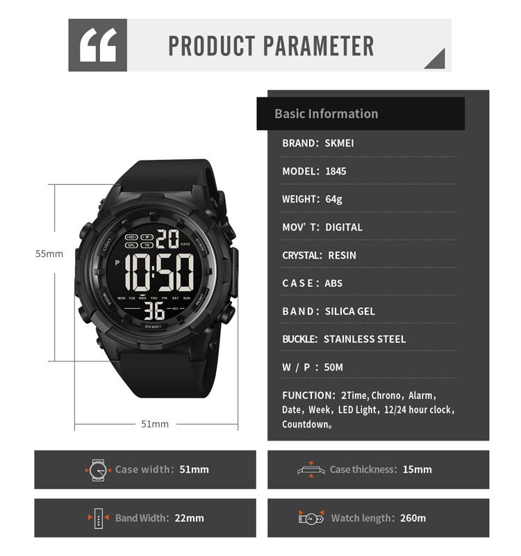 SKMEI LED Light Sports Watches Mens Countdown 2 Time Digital Wristwatch Alarm Date Clock 5Ba Waterproof Relogio Masculino 1845